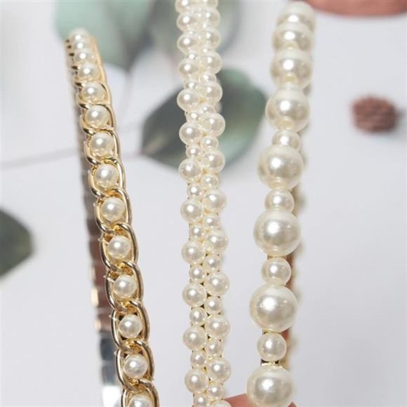 3 Pack Pearl Headbands White Faux Pearls Gold Hairbands Bridal Hair Hoop main image 4